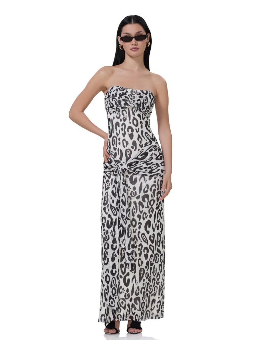 AFRM Rosalie Stark Leopard Mesh Strapless Gathered Maxi Dress, Size S